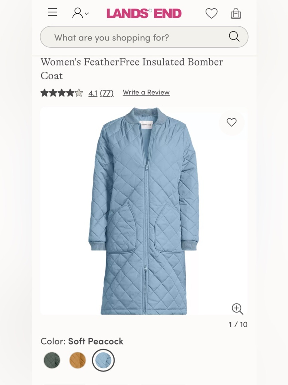 Lands' End Soft Peacock Quilted Soft Peacock Blue Insulated Bomber Coat